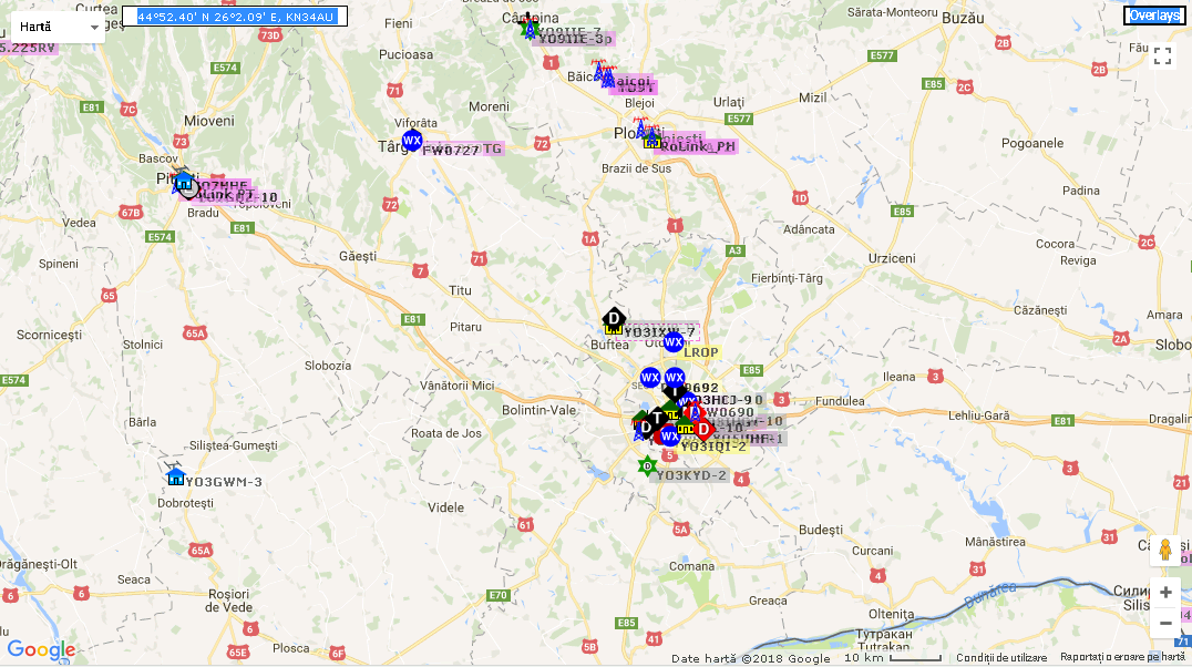 APRS map showing stations and objects across a region