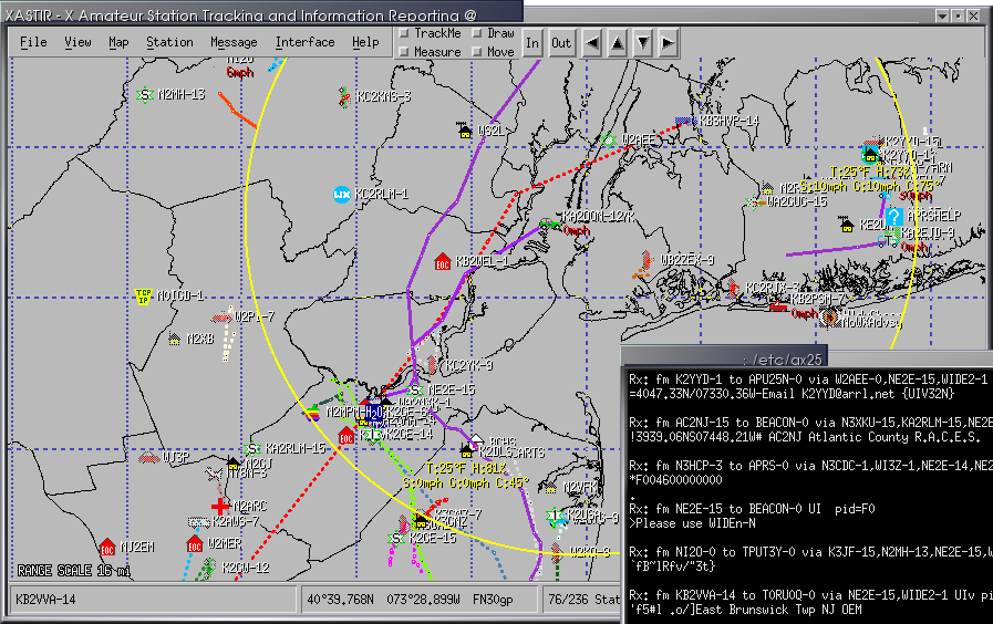 Xastir APRS software screenshot showing live station data on a map